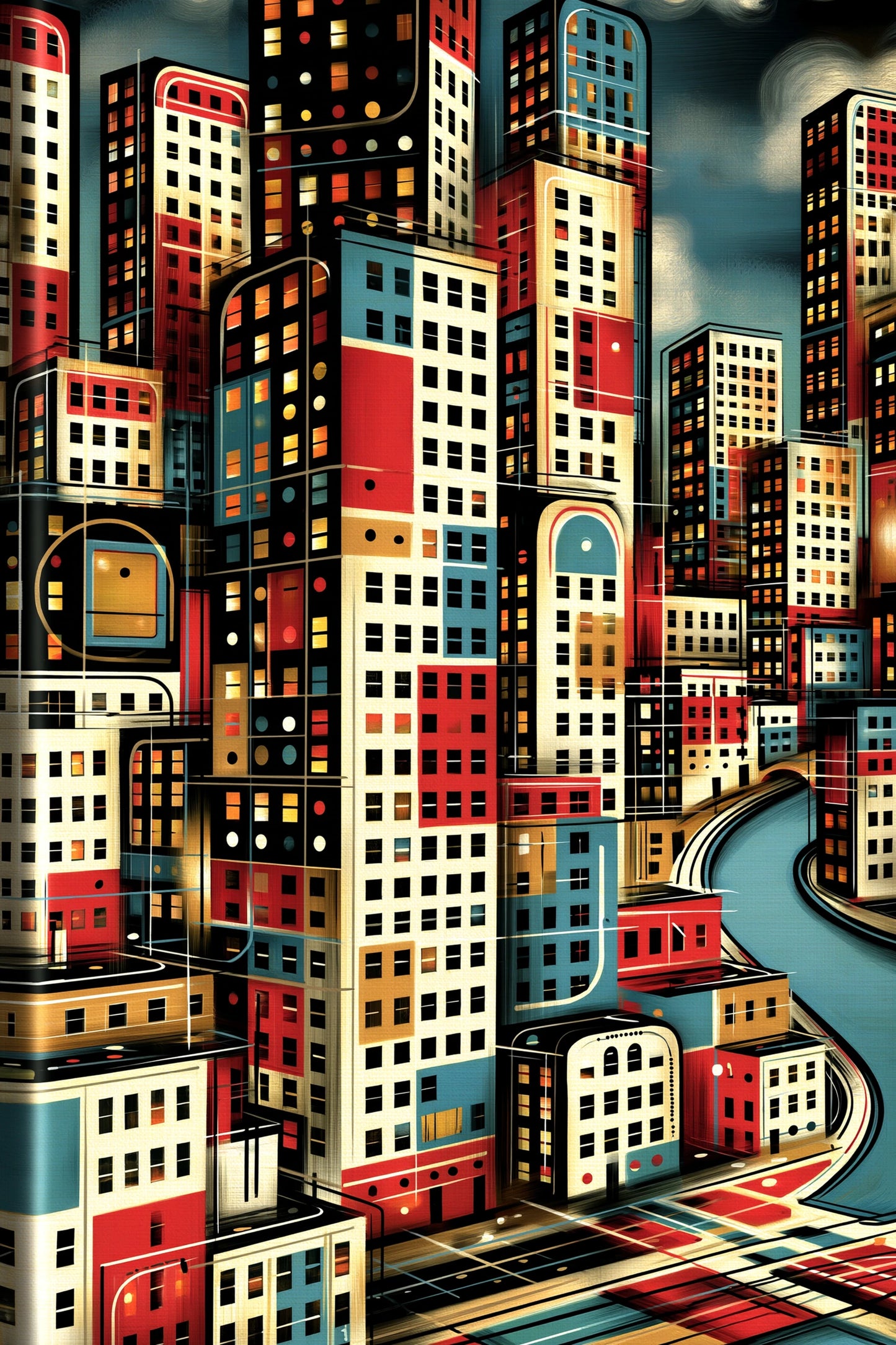 Grille urbaine rouge, bleue et crème, toile verticale format M