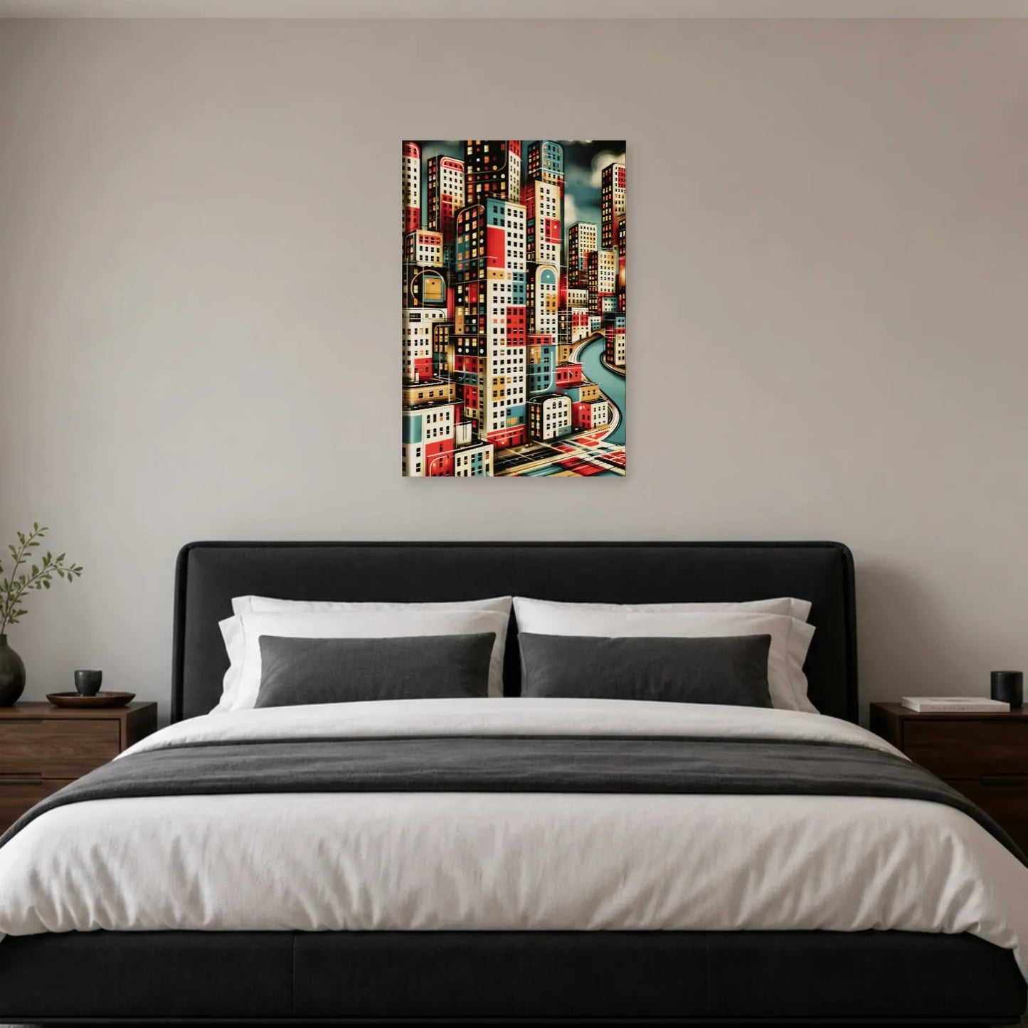 Toile moderniste colorée au mur d’une chambre