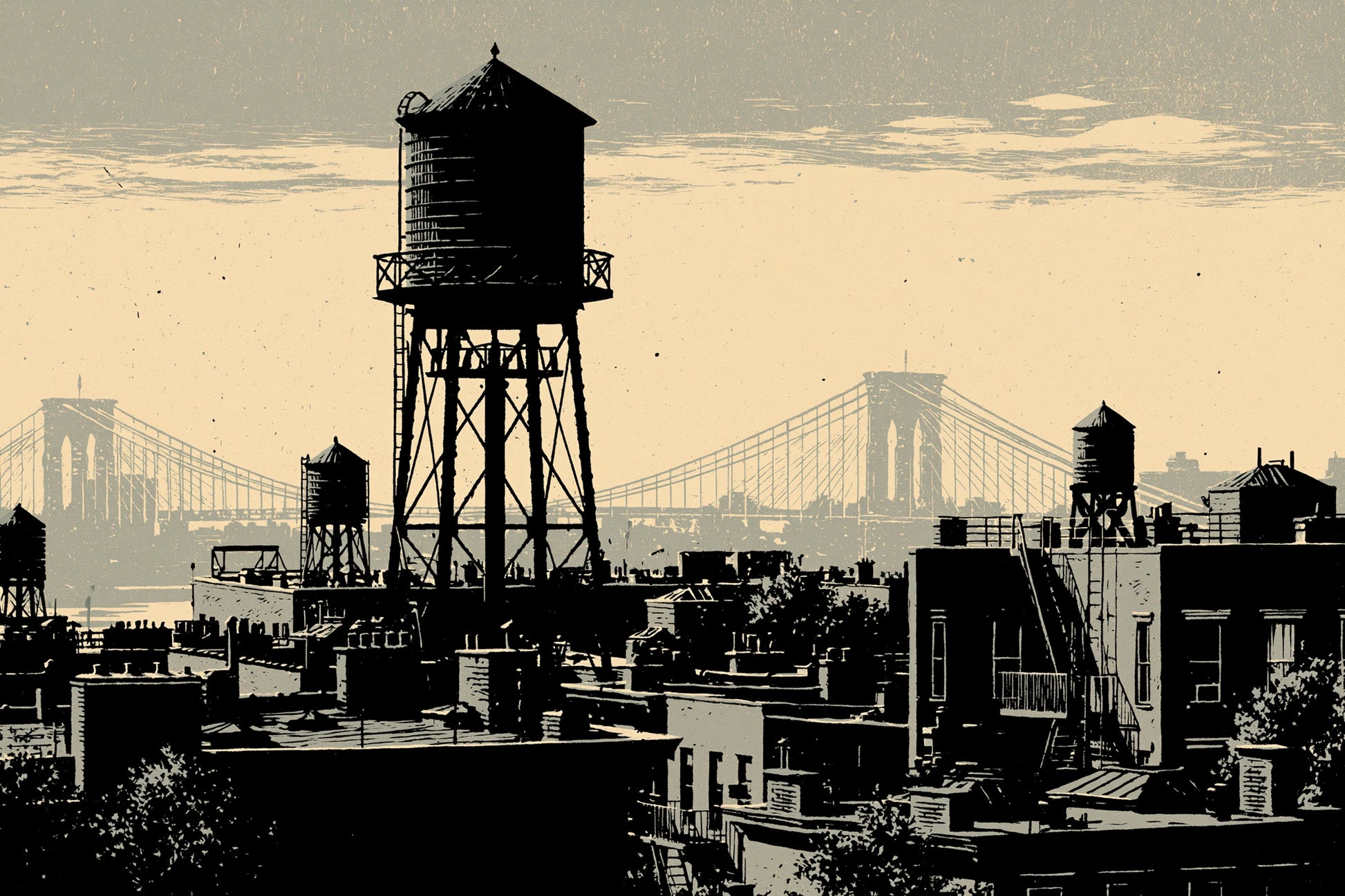 Toile New York effet linogravure avec château d’eau noir, format M