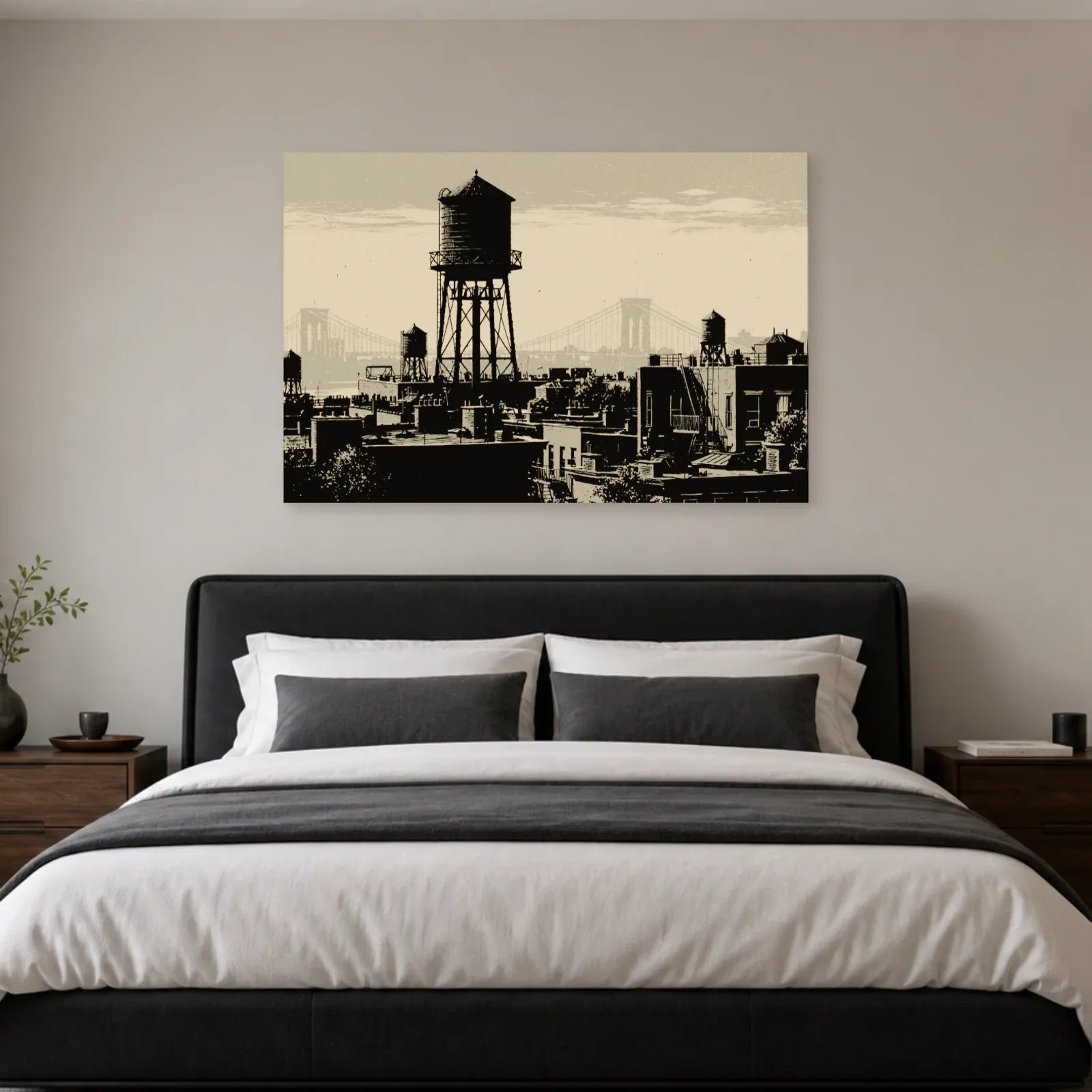 Illustration New York noir et ivoire accrochée dans une chambre