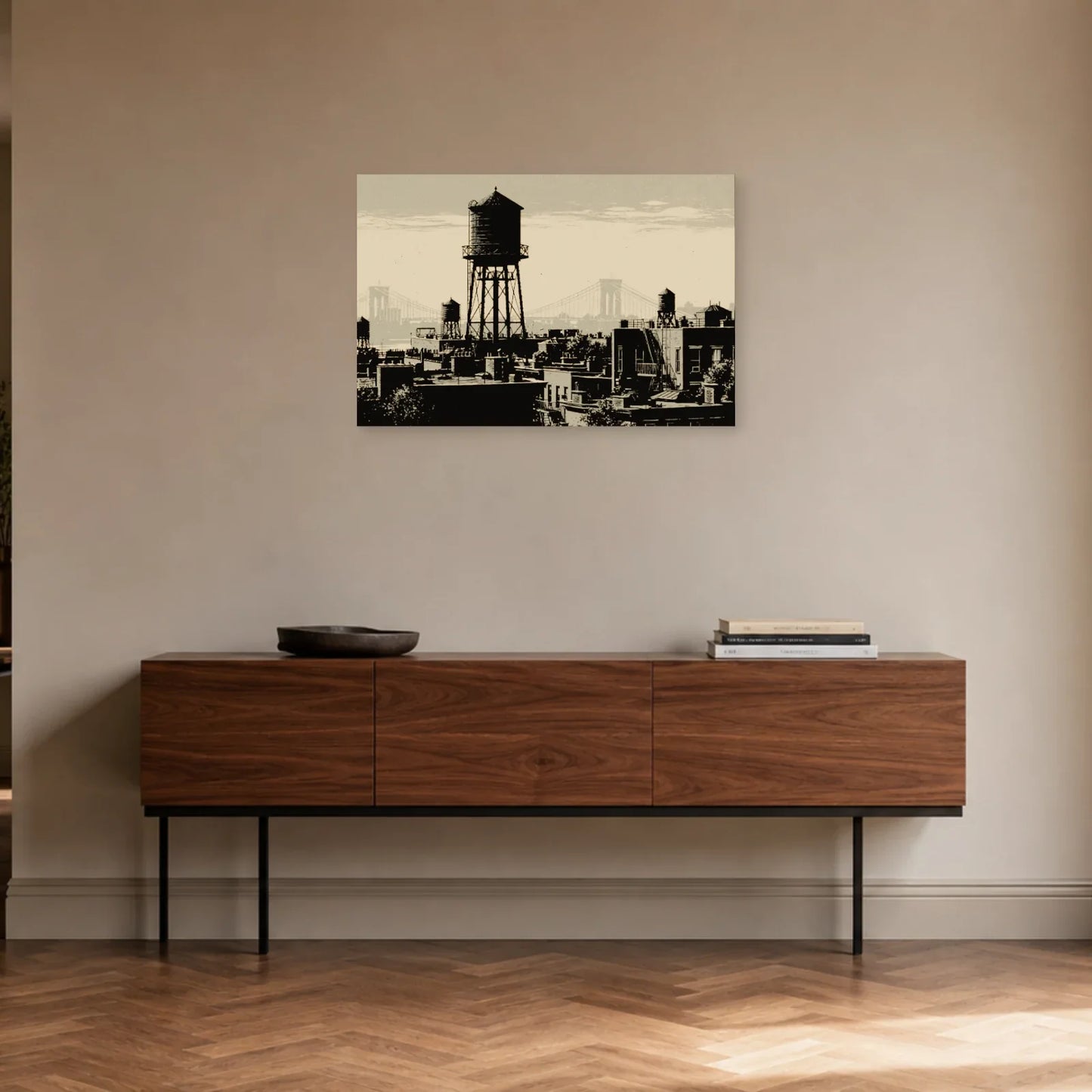 Toile horizontale effet estampe installée dans une entrée