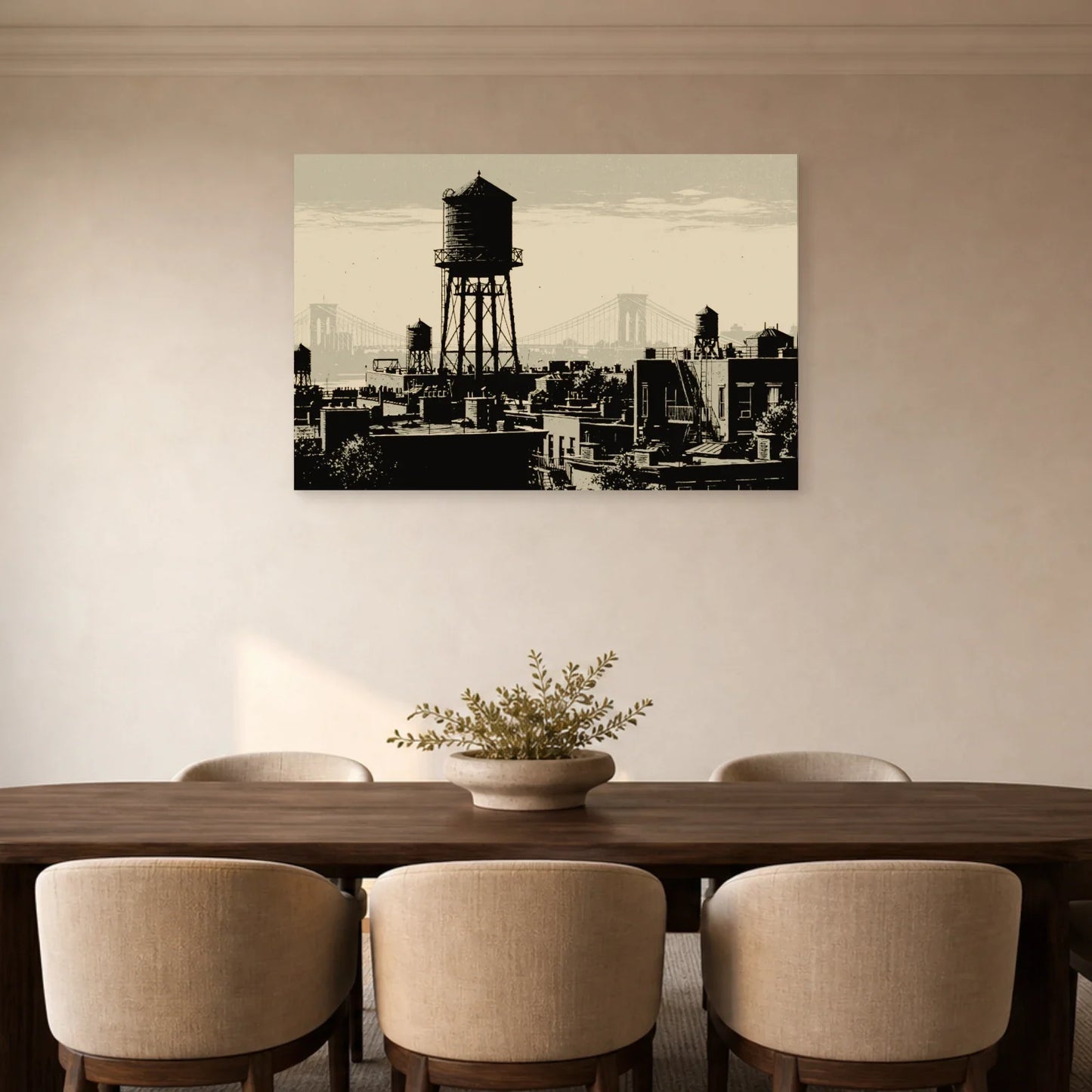 Panorama de toits et châteaux d’eau présenté dans une salle à manger