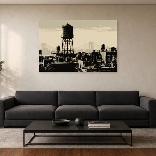 Tableau de toits new-yorkais effet gravure présenté dans un salon
