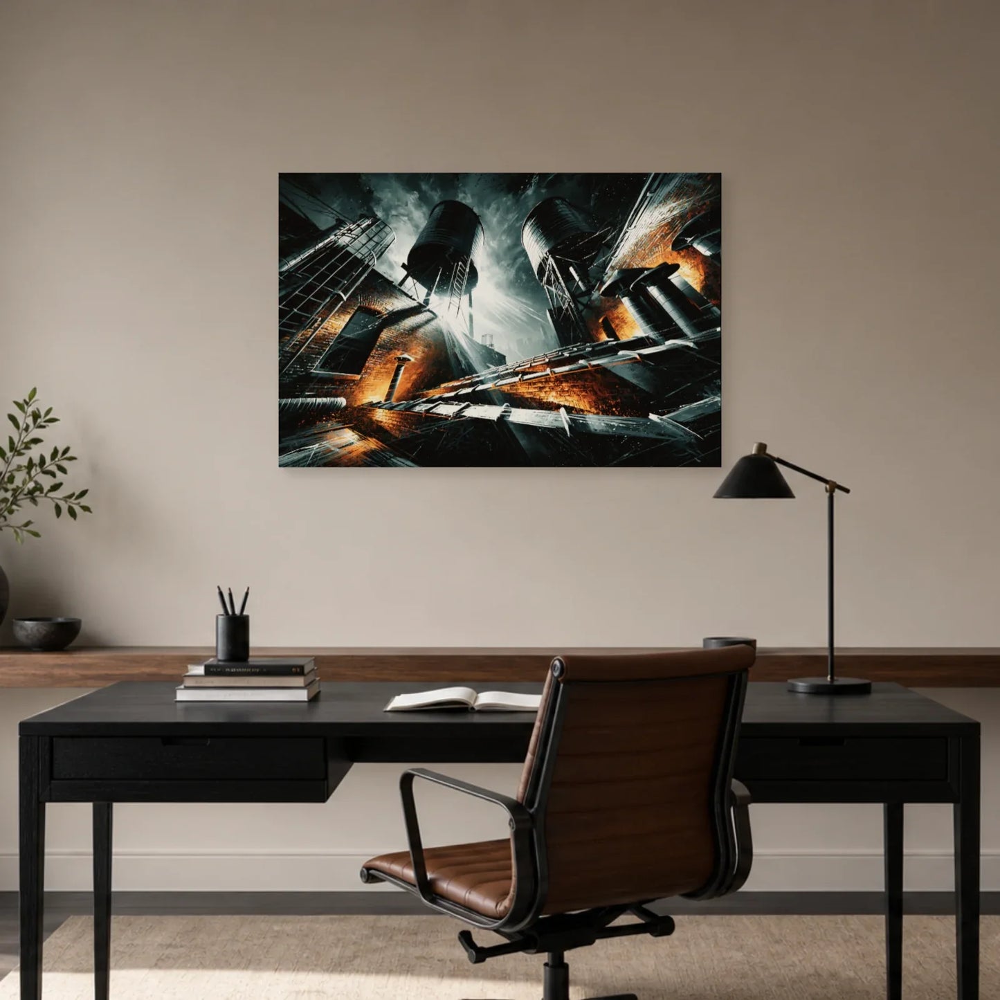 Tableau industriel New York installé au-dessus d’un bureau