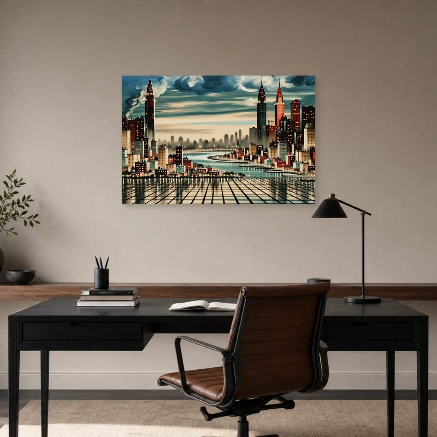 Panorama de gratte-ciel bleu et rouge installé dans un bureau