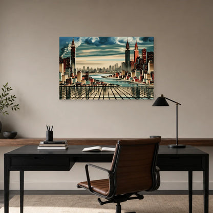 Panorama de gratte-ciel bleu et rouge installé dans un bureau