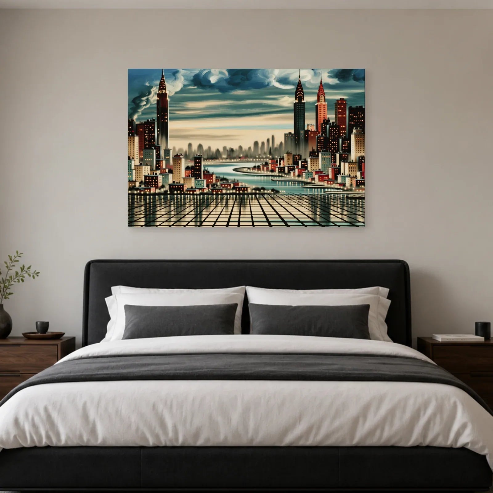 Paysage urbain new-yorkais stylisé accroché dans une chambre