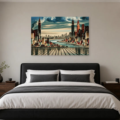 Paysage urbain new-yorkais stylisé accroché dans une chambre