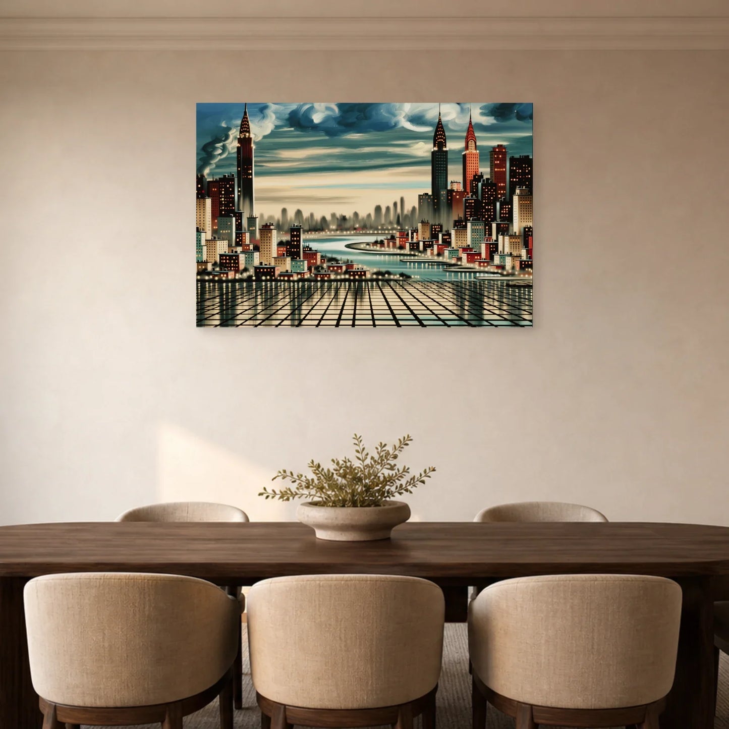 Toile skyline horizontale mise en scène dans une salle à manger