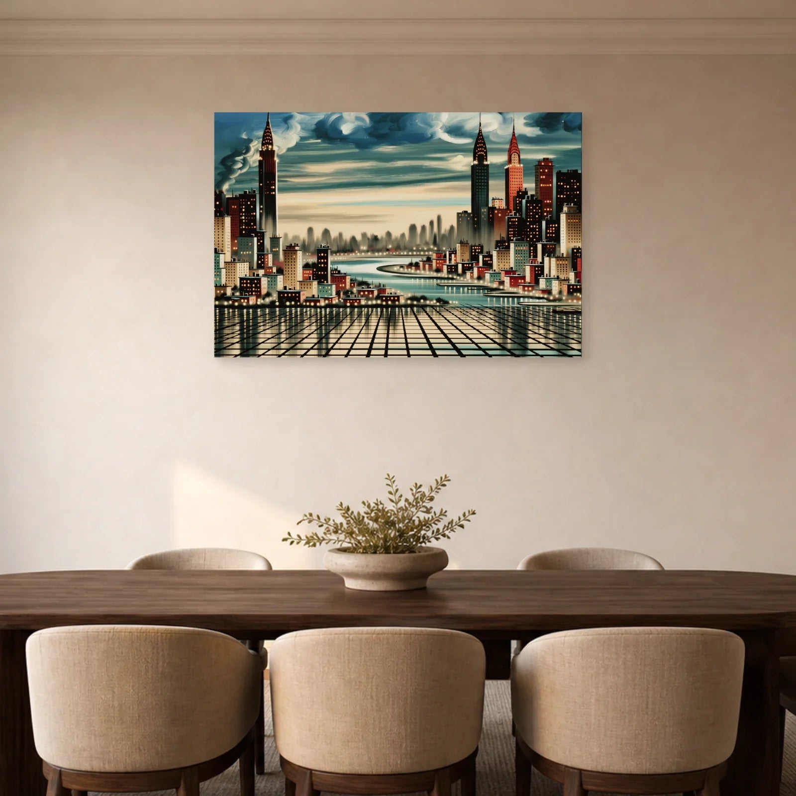 Toile skyline horizontale mise en scène dans une salle à manger