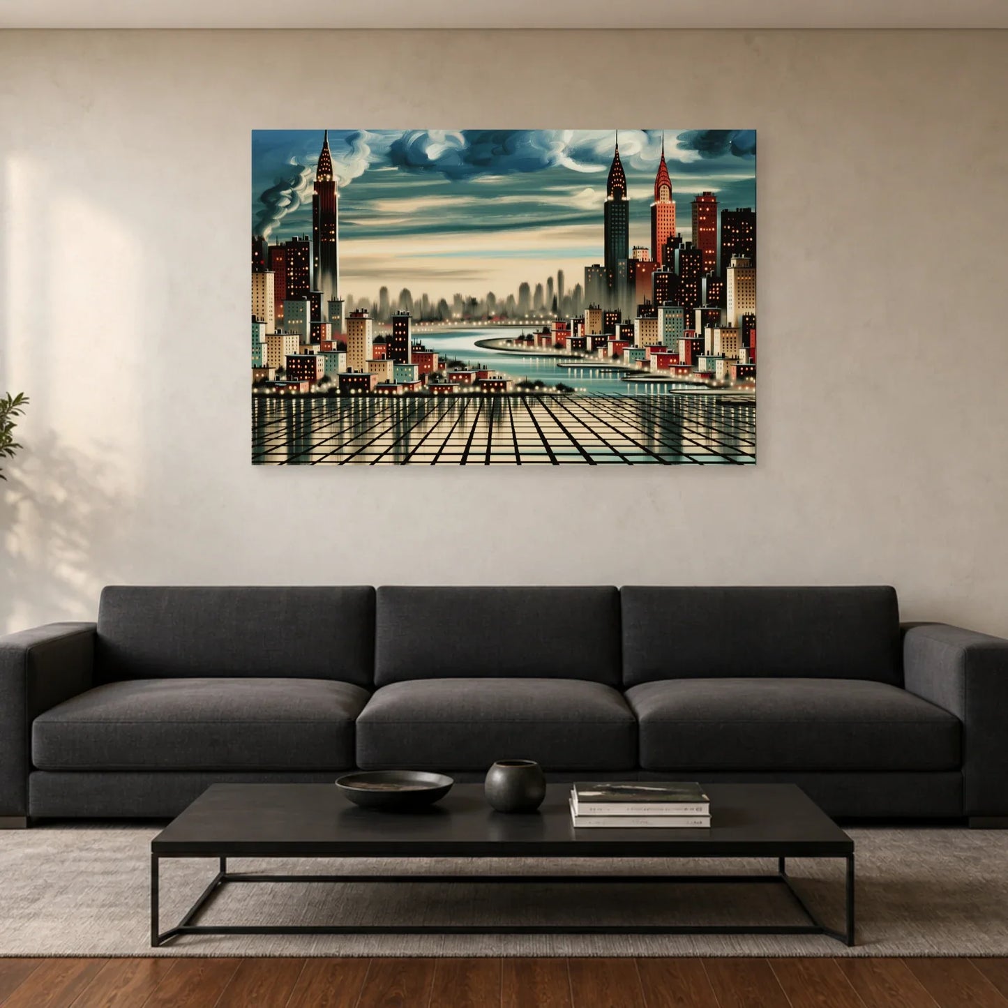 Skyline graphique aux lumières ambrées présentée dans un salon