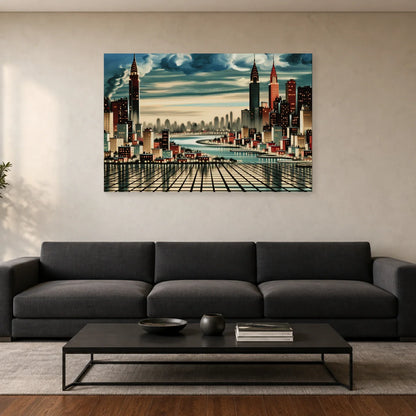 Skyline graphique aux lumières ambrées présentée dans un salon