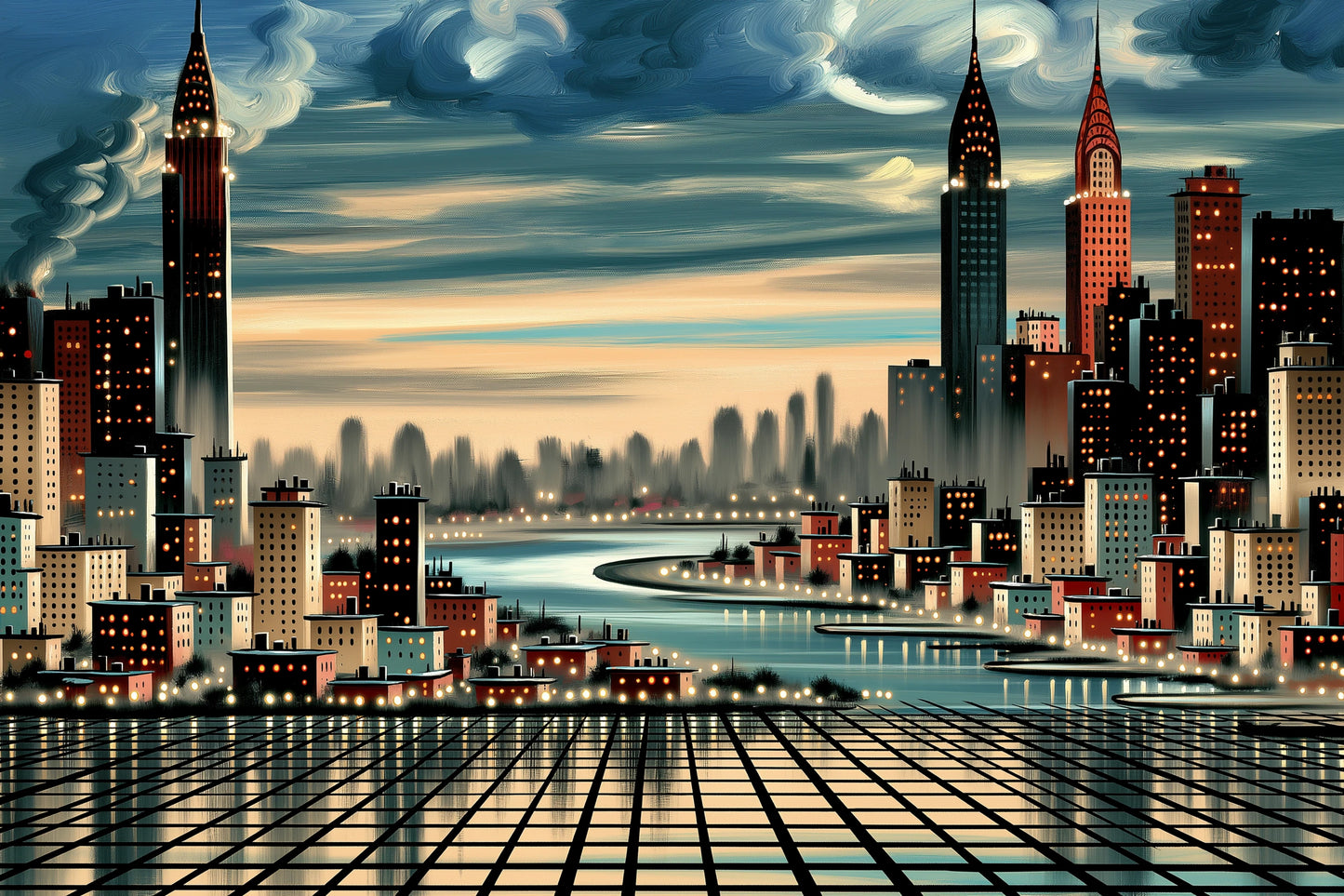 Tableau skyline stylisée de New York aux tons bleu pétrole, format S
