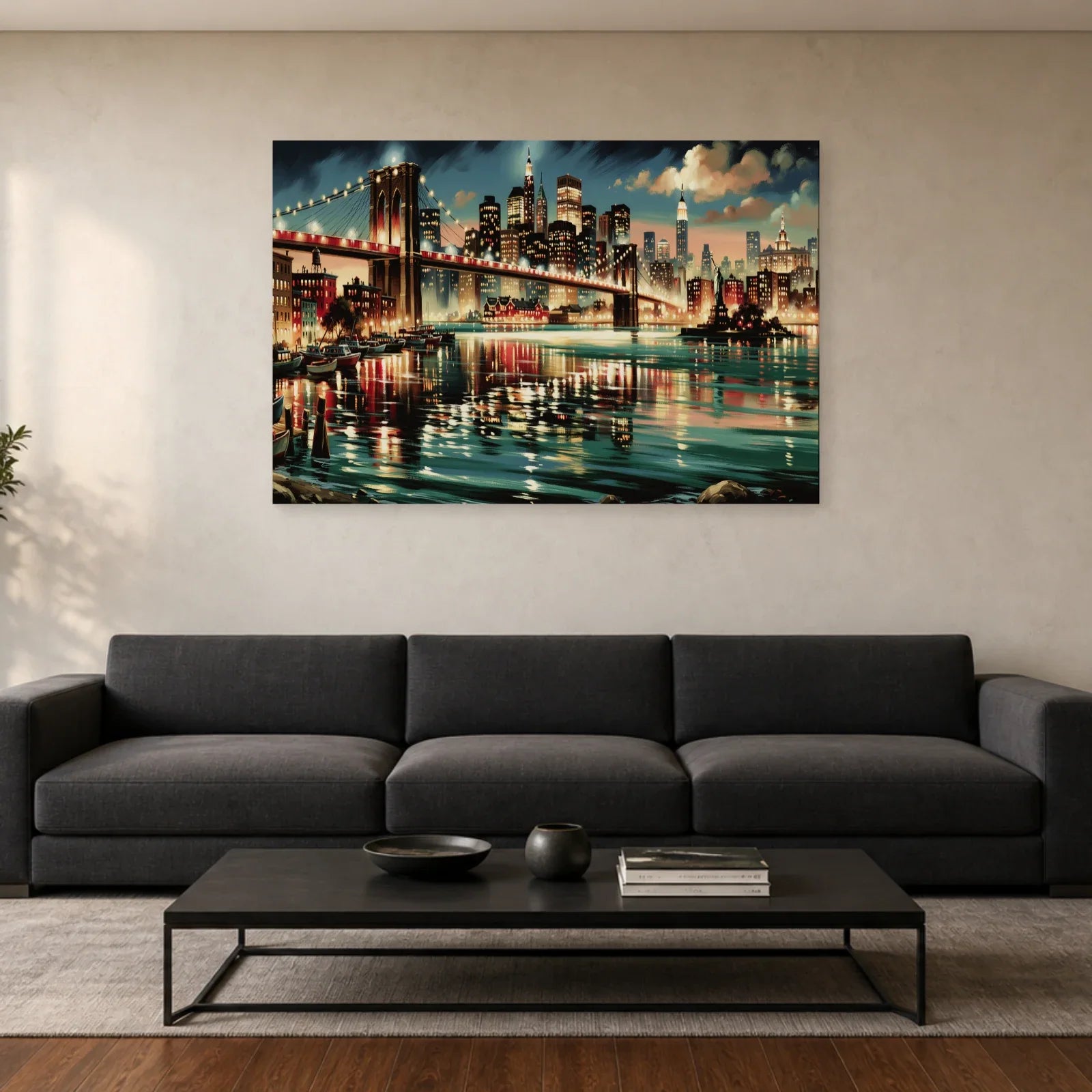 Pont, skyline et reflets bleu pétrole présentés dans un salon