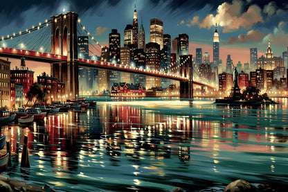 Toile New York panoramique avec pont et bateaux, format XL