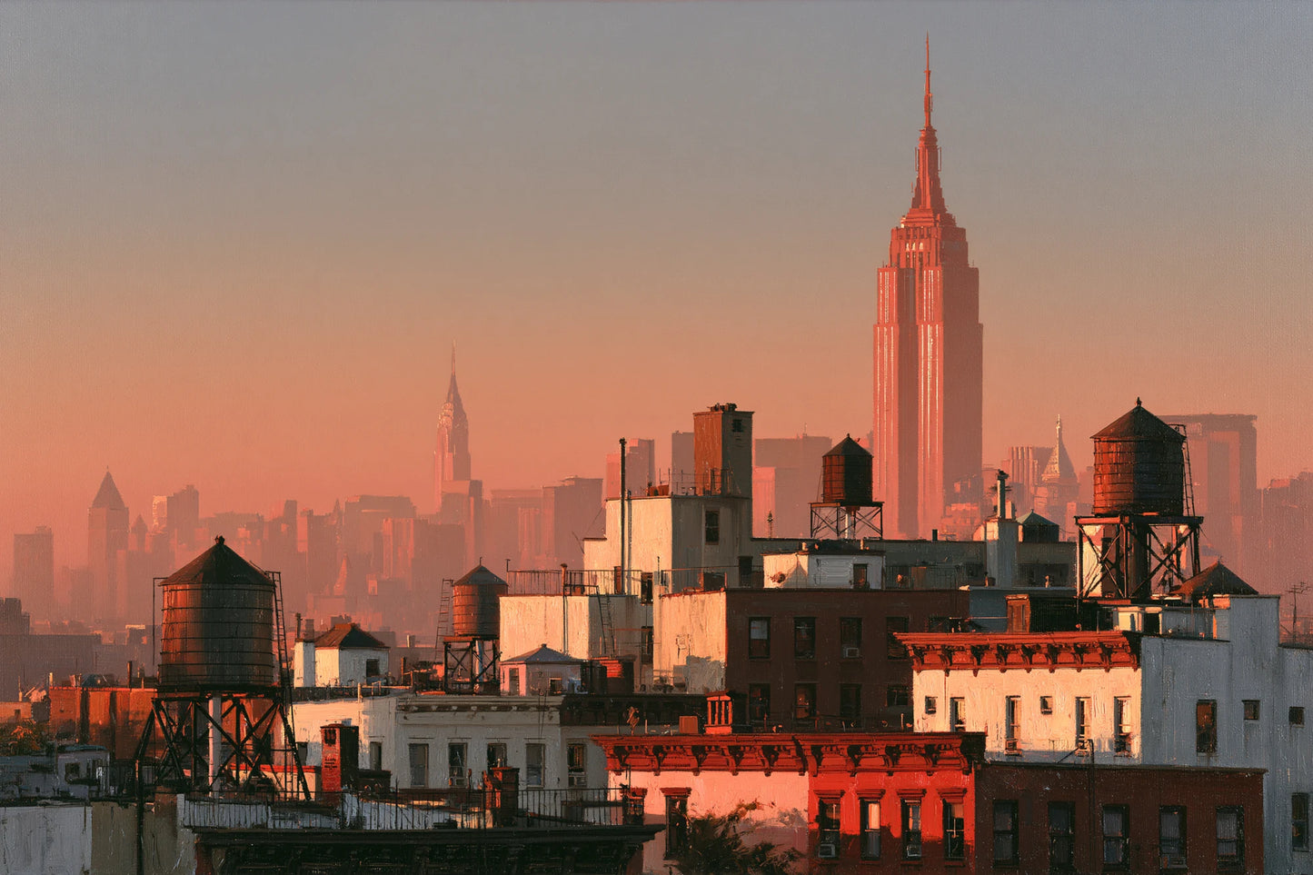 Tableau New York Rose, une perspective de Manhattan transformée par une lumière rose intense, format L - Art Virtuoso