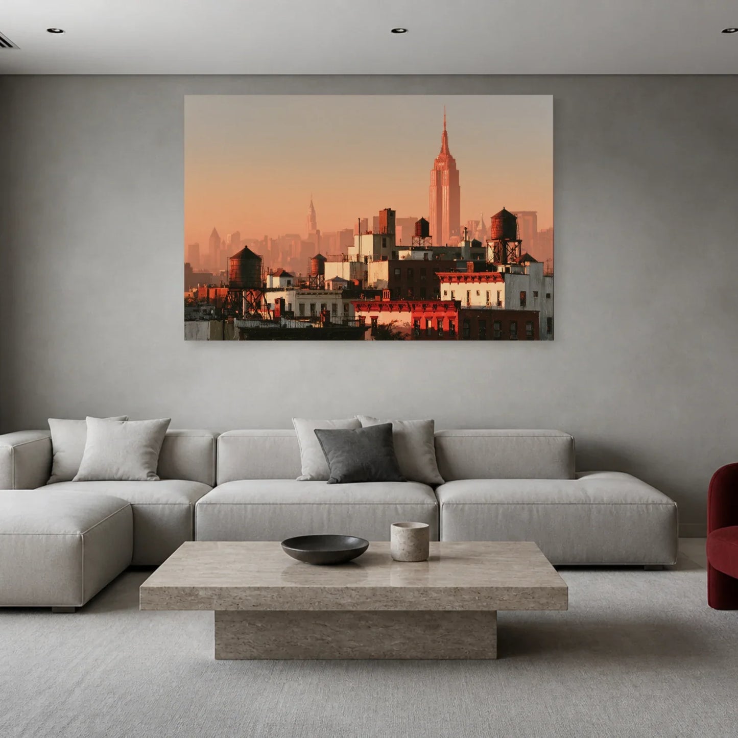 Tableau New York Rose présenté dans un salon - Art Virtuoso