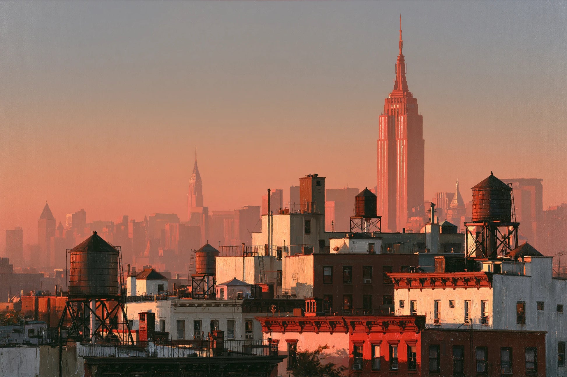 Tableau New York Rose, une perspective de Manhattan transformée par une lumière rose intense, format S - Art Virtuoso