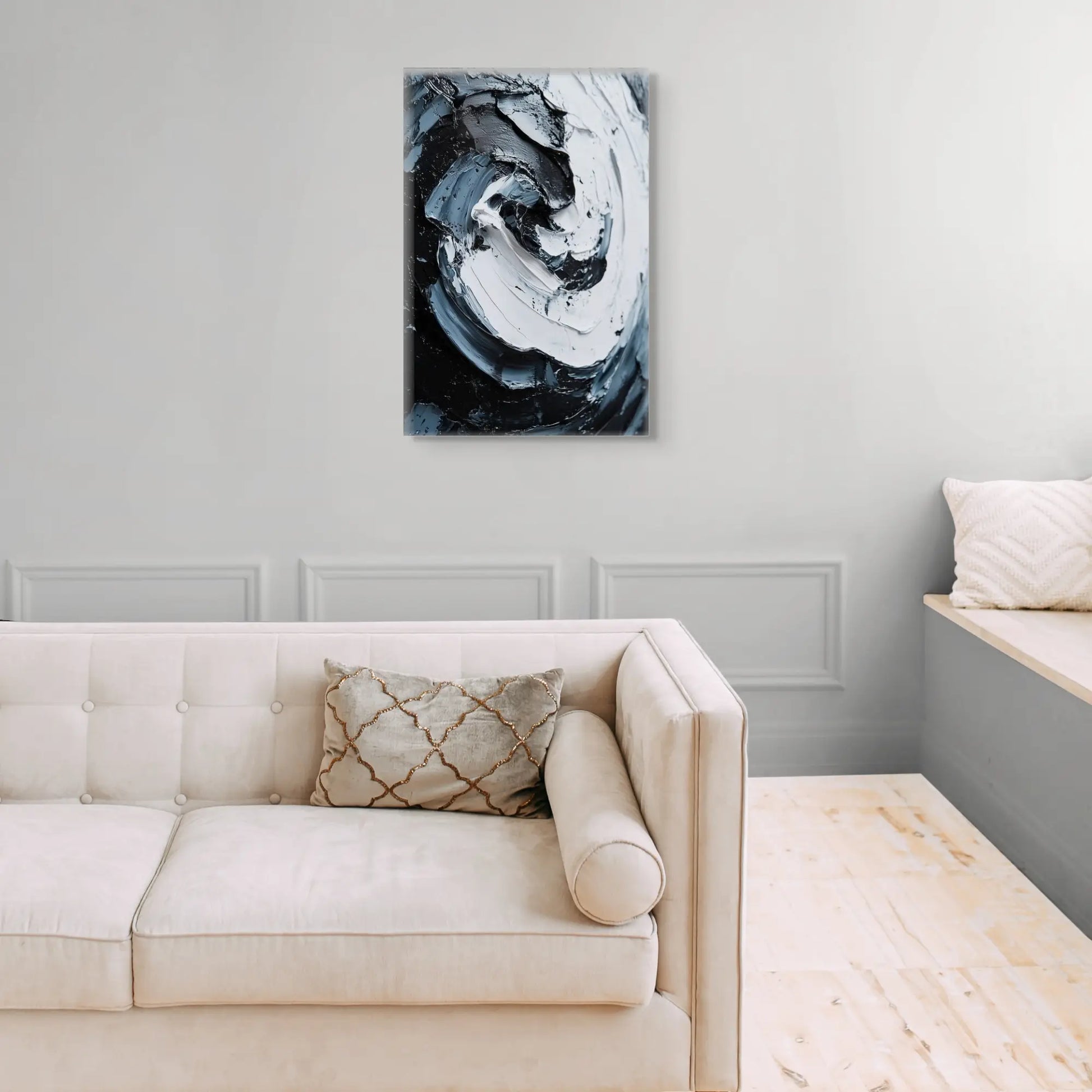 Grande toile d'œuvre d'art abstraite noire et blanche dans des tons gris pour décoration murale moderne avec cadre noir - 78,7 x 195,6 cm Grande toile d'œuvre d'art abstraite noire et blanche dans des tons gris pour décoration murale moderne avec cadre noir - 78,7 x 195,6 cm
