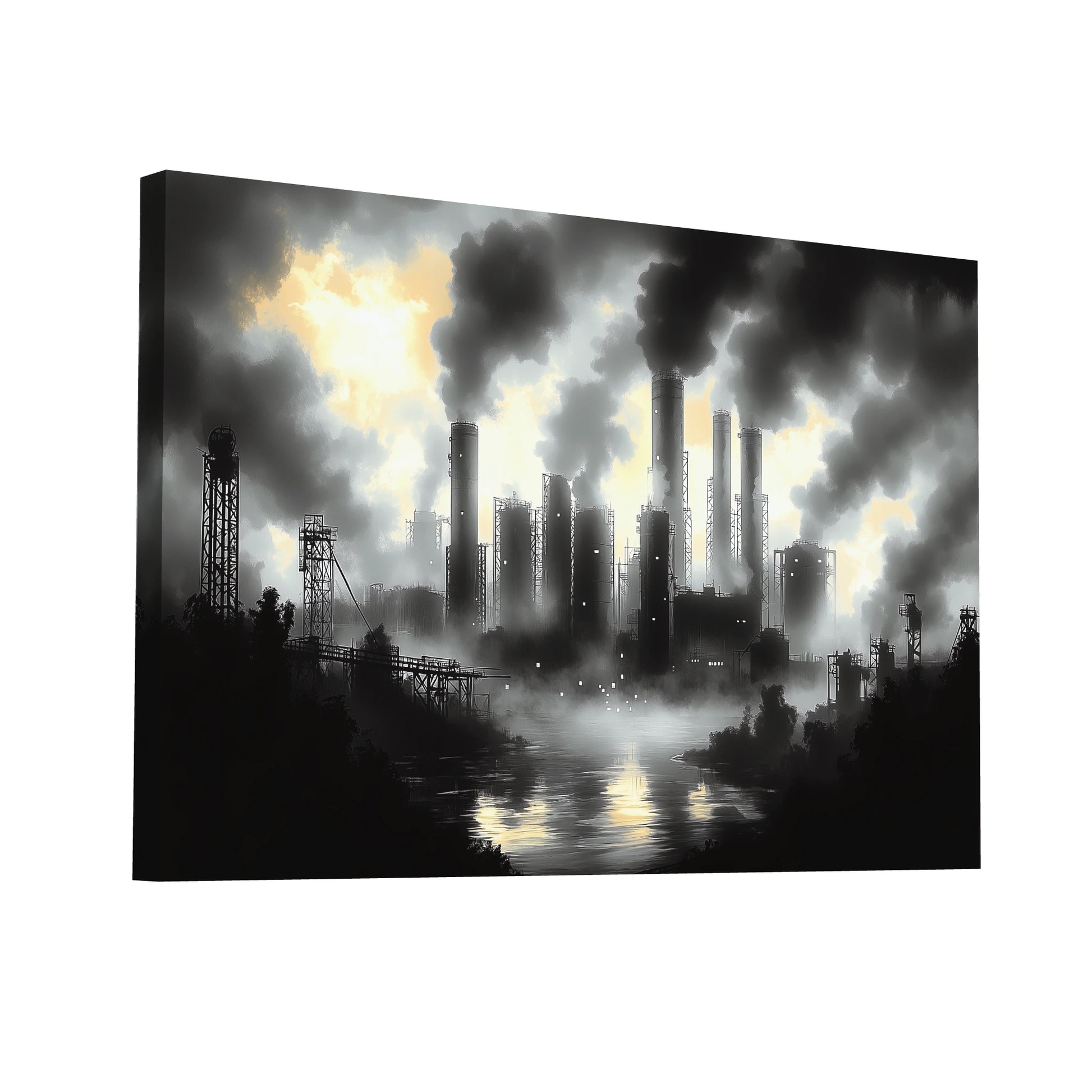 Product Hero 3D WebP Tableau Noir et Blanc Industriel au Crépuscule - Art Virtuoso