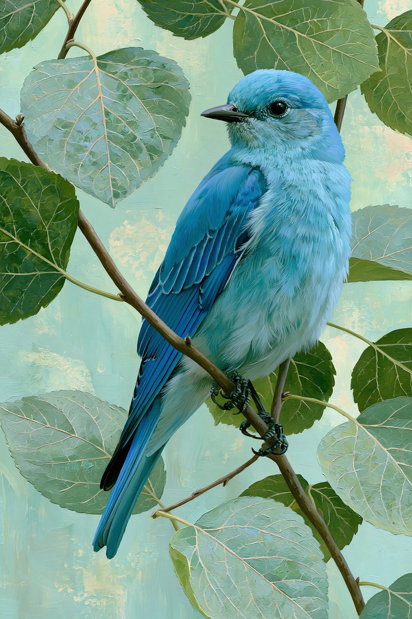 Tableau oiseau bleu sur branche avec feuillage vert pale - format M