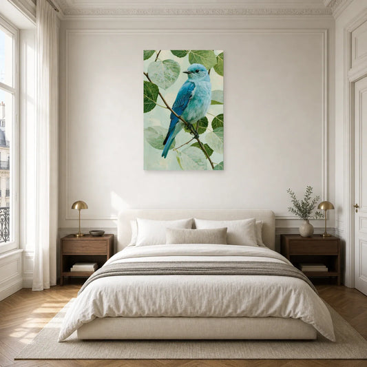 Tableau oiseau bleu sur branche avec feuillage vert pale dans une chambre apaisante