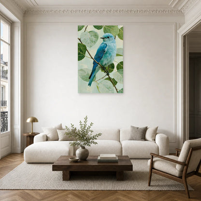 Tableau oiseau bleu sur branche avec feuillage vert pale dans un salon contemporain