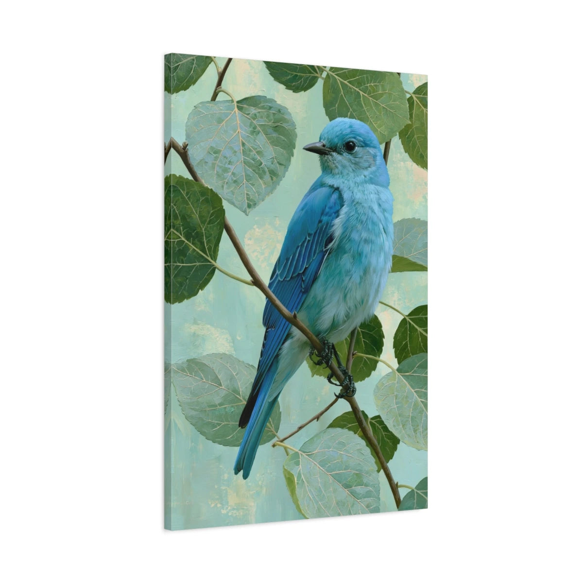 Tableau oiseau bleu sur branche avec feuillage vert pale - toile 3D avec bords imprimés visibles