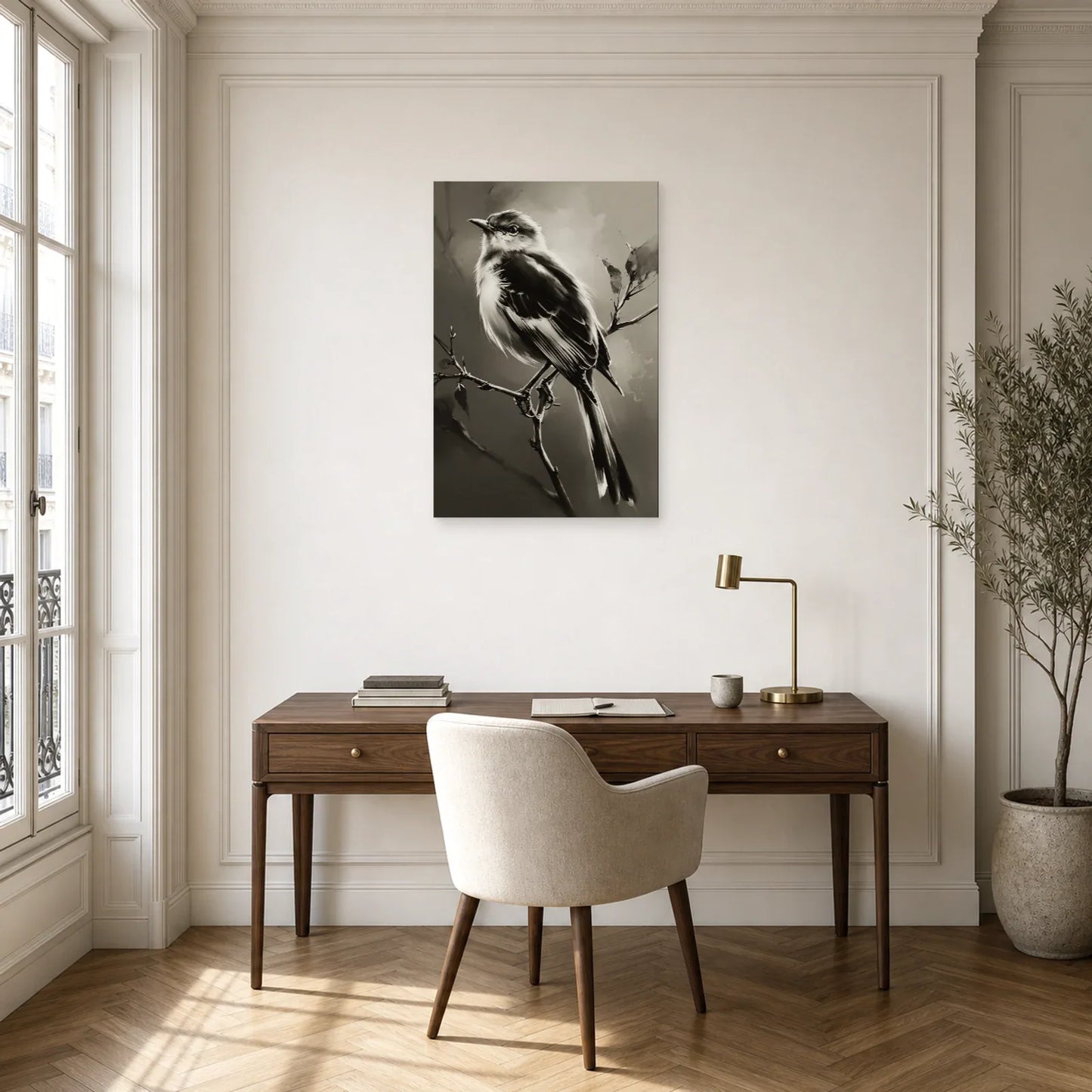 Tableau Oiseau Branche Noir et Blanc - Plumage d Ombre dans un bureau - Art Virtuoso