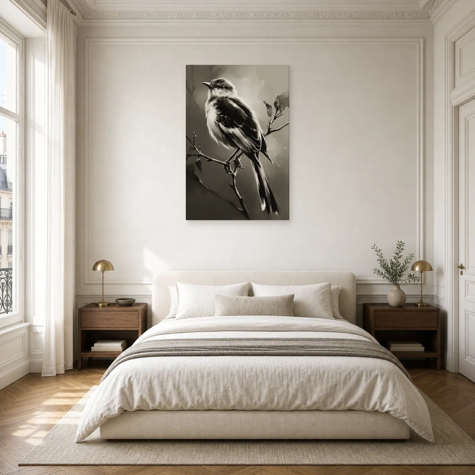 Tableau Oiseau Branche Noir et Blanc - Plumage d Ombre dans une chambre - Art Virtuoso