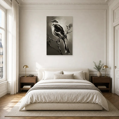 Tableau Oiseau Branche Noir et Blanc - Plumage d Ombre dans une chambre - Art Virtuoso