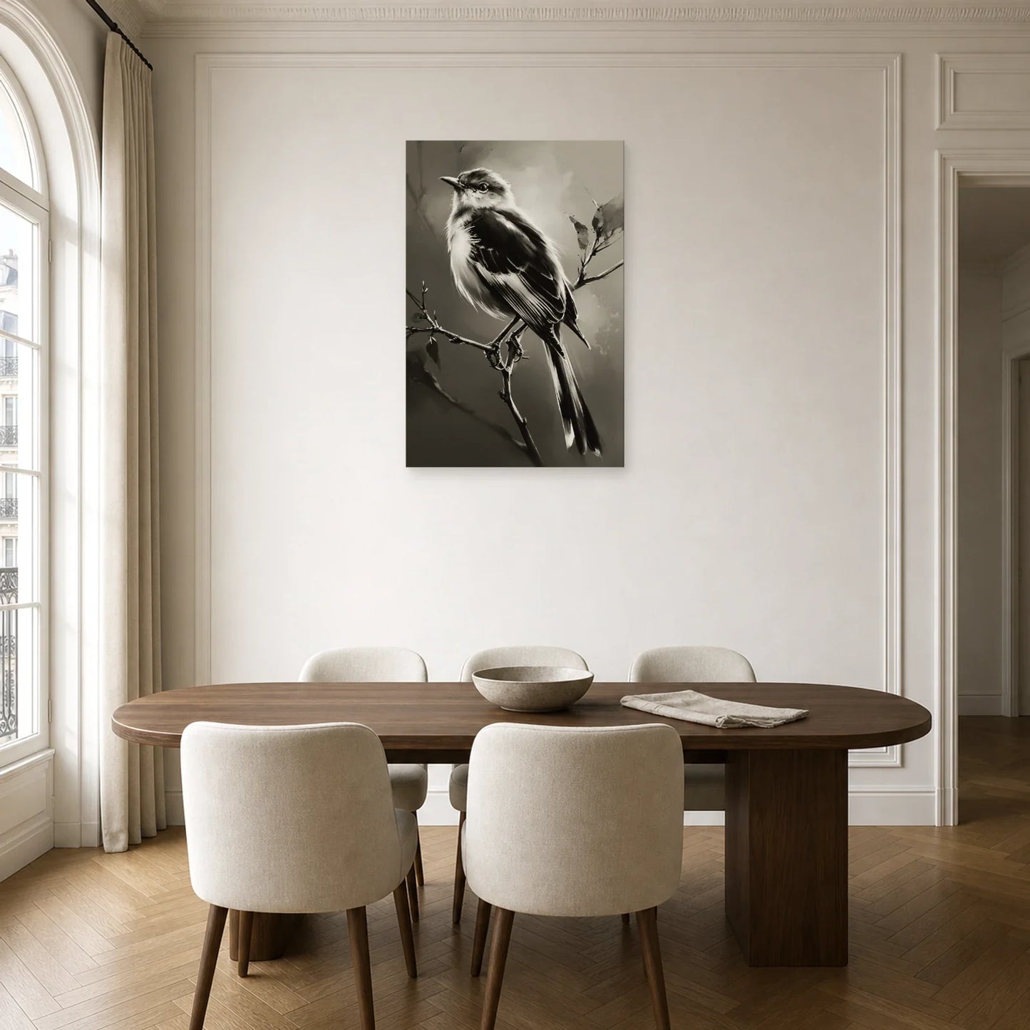 Tableau Oiseau Branche Noir et Blanc - Plumage d Ombre dans une cuisine - Art Virtuoso