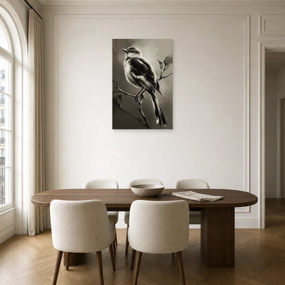 Tableau Oiseau Branche Noir et Blanc - Plumage d Ombre dans une cuisine - Art Virtuoso