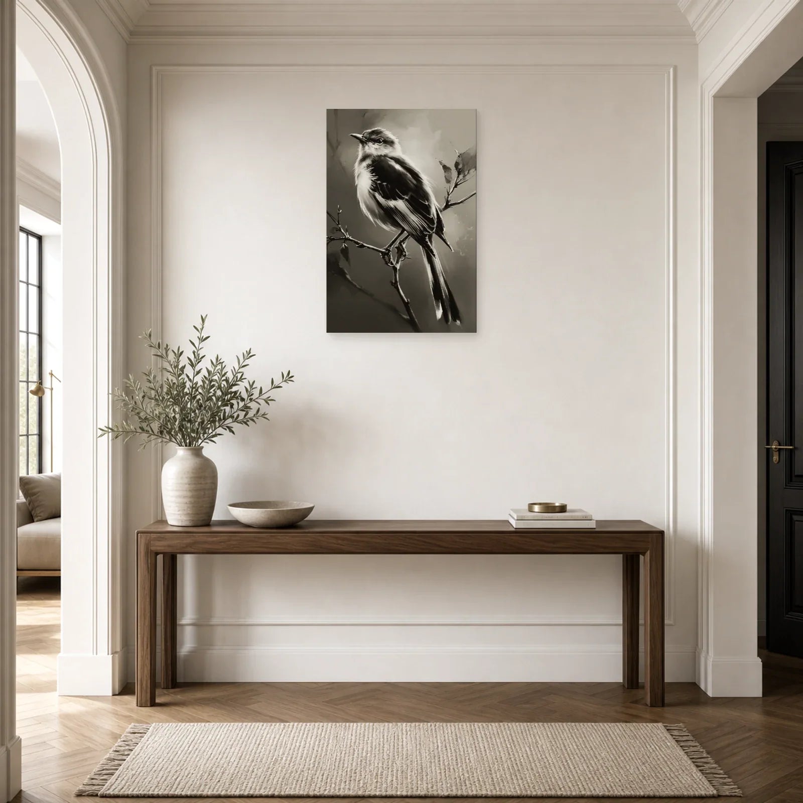 Tableau Oiseau Branche Noir et Blanc - Plumage d Ombre dans une entree ou un couloir - Art Virtuoso