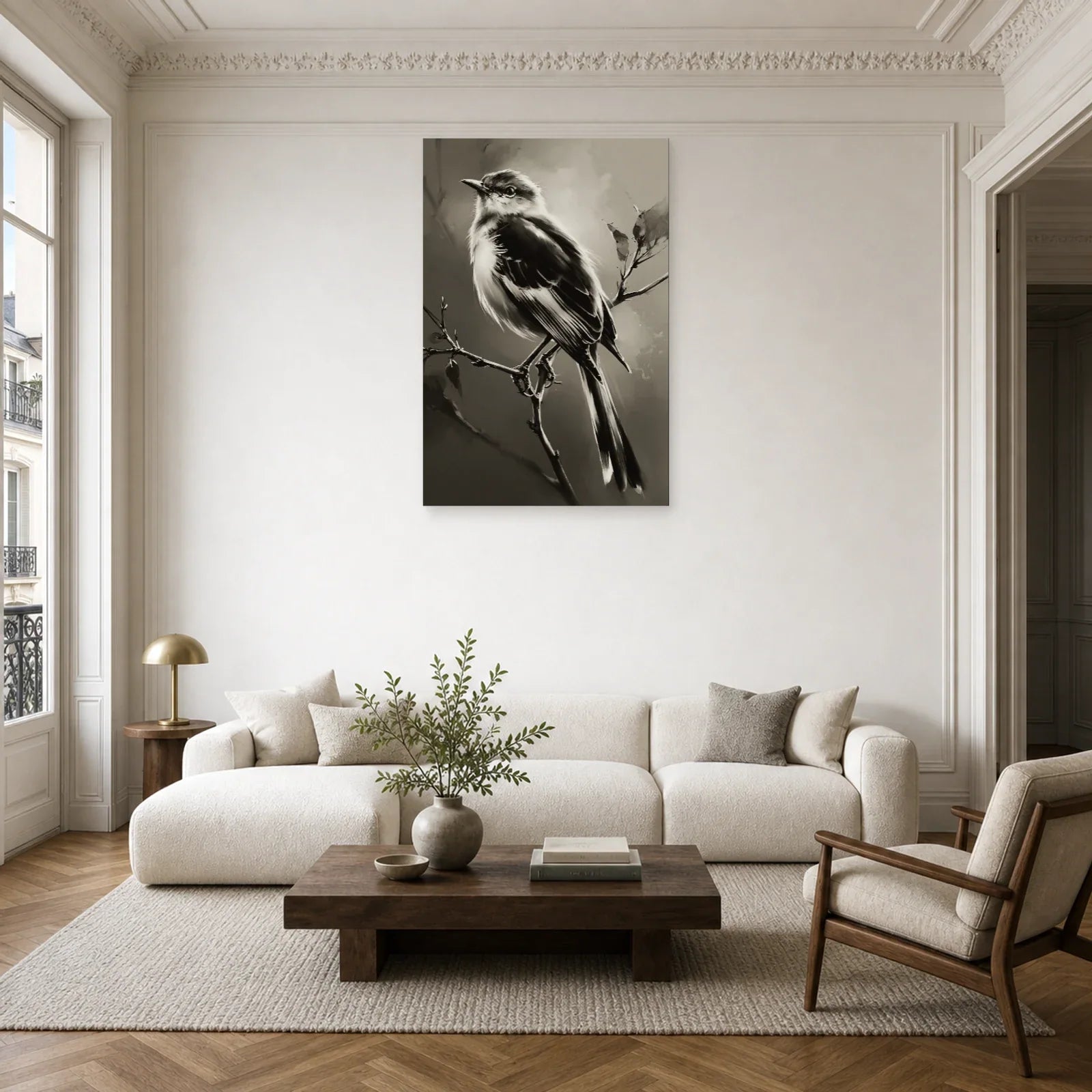 Tableau Oiseau Branche Noir et Blanc - Plumage d Ombre dans un salon - Art Virtuoso