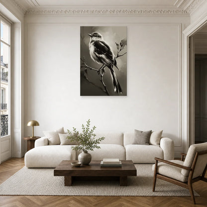 Tableau Oiseau Branche Noir et Blanc - Plumage d Ombre dans un salon - Art Virtuoso