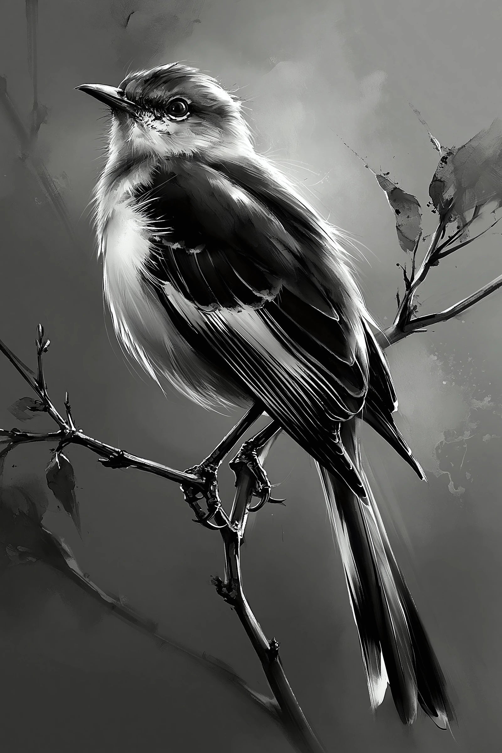 Tableau oiseau sur branche noir et blanc fond gris sombre - format S