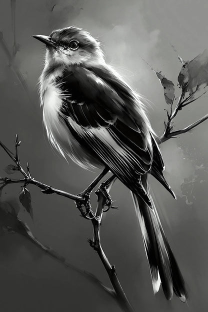 Tableau oiseau sur branche noir et blanc fond gris sombre - format S