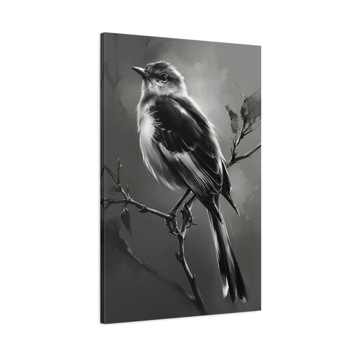 Tableau oiseau sur branche noir et blanc fond gris sombre - toile 3D avec bords imprimés visibles