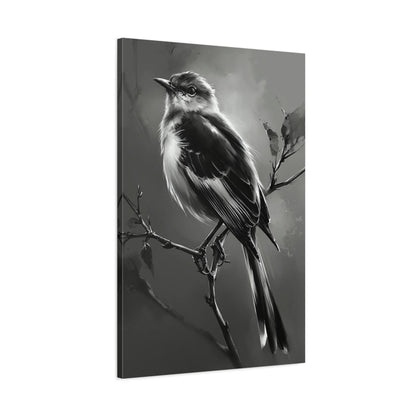 Tableau oiseau sur branche noir et blanc fond gris sombre - toile 3D avec bords imprimés visibles