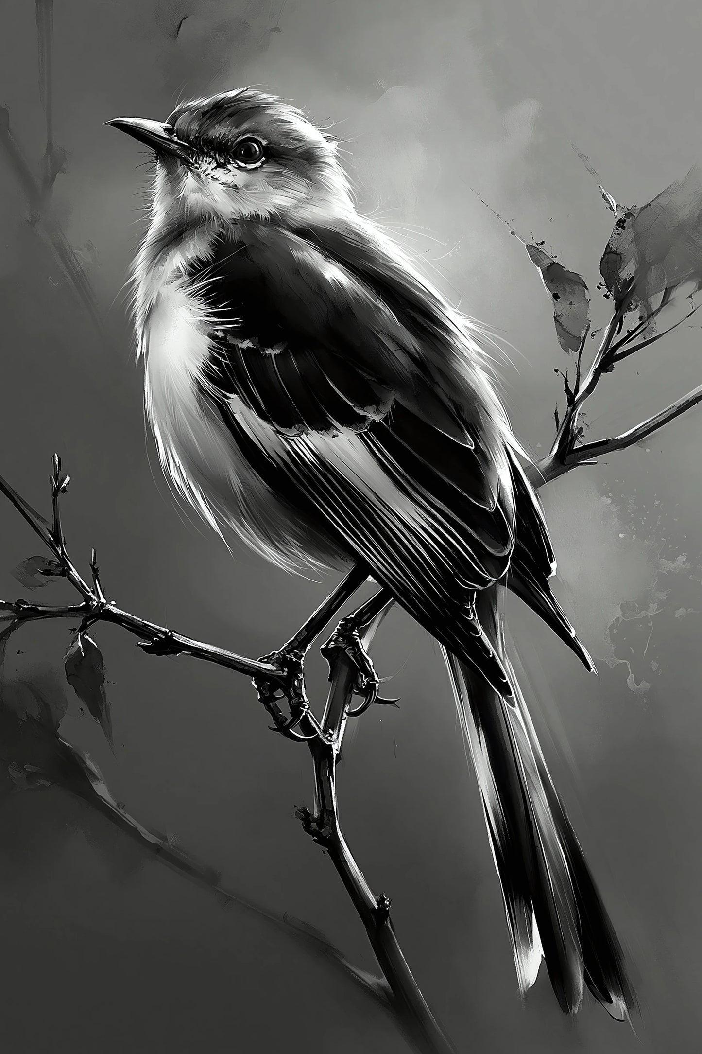 Tableau oiseau sur branche noir et blanc fond gris sombre - format XL