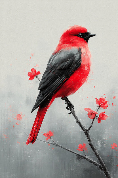 Tableau oiseau rouge sur branche avec petites fleurs rouges - format M