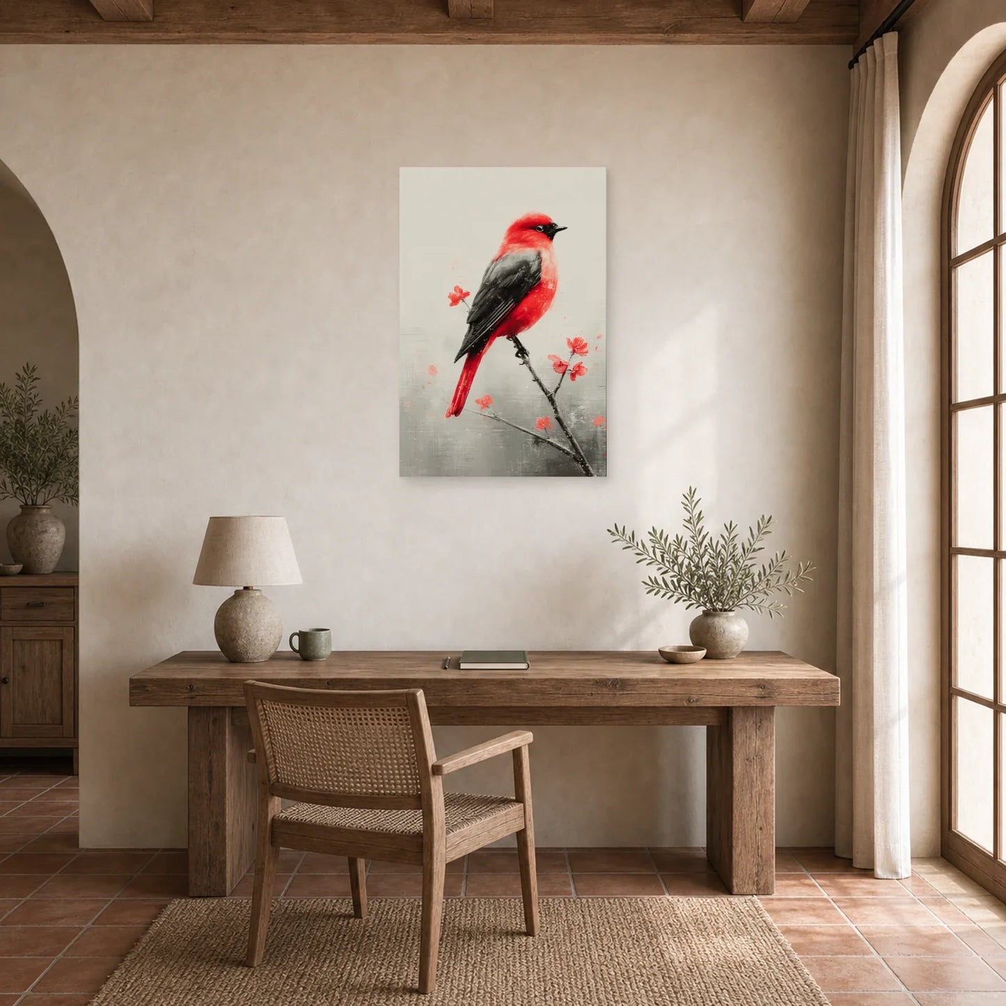 Tableau Oiseau Rouge sur Branche - Accent Écarlate dans un bureau - Art Virtuoso
