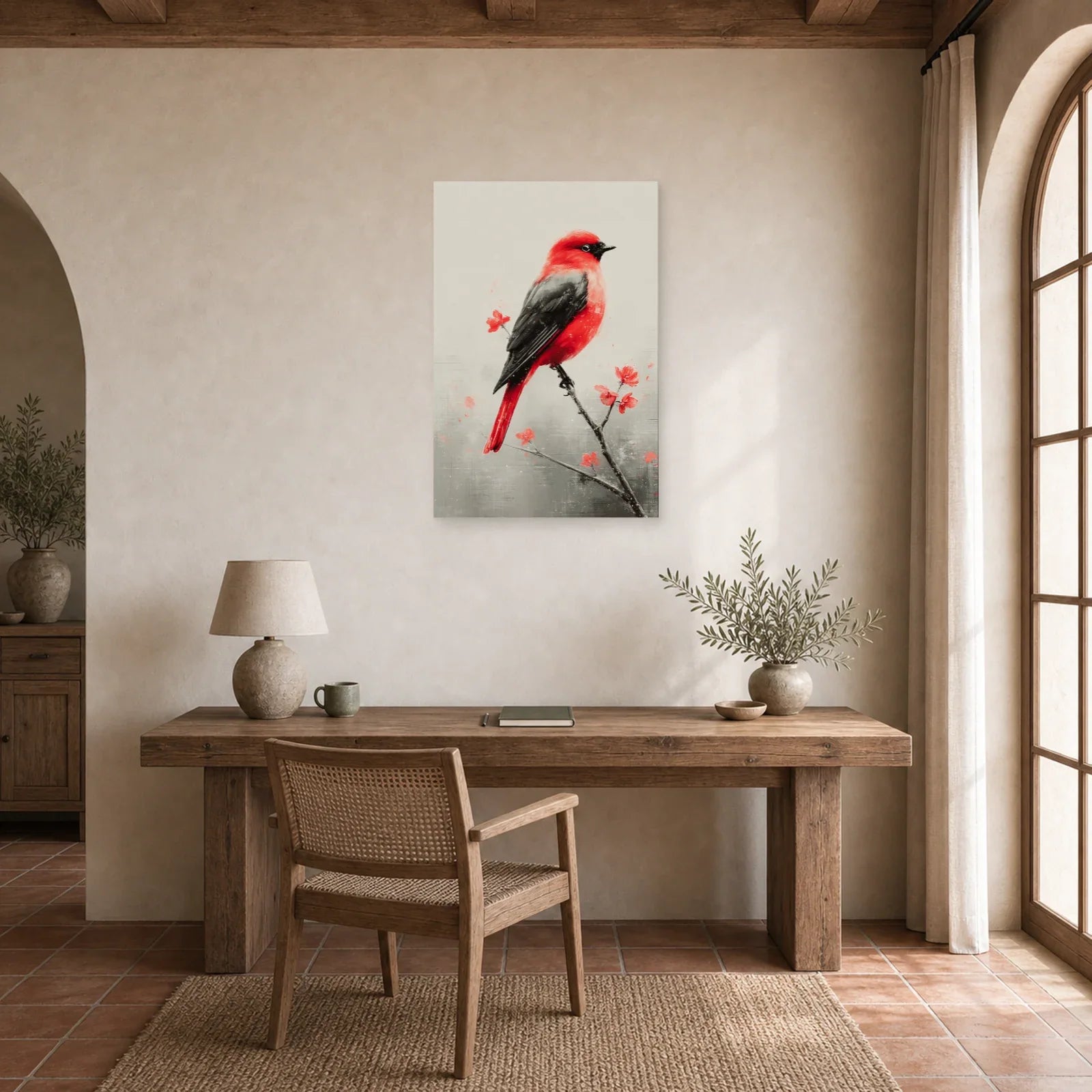 Tableau Oiseau Rouge sur Branche - Accent Écarlate dans un bureau - Art Virtuoso