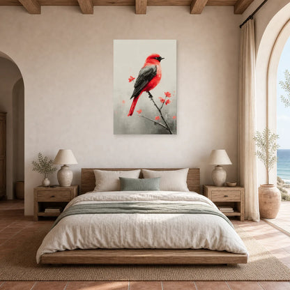 Tableau Oiseau Rouge sur Branche - Accent Écarlate dans une chambre - Art Virtuoso