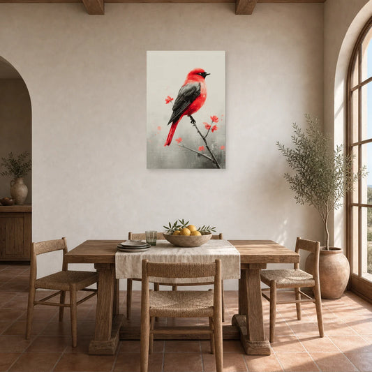 Tableau Oiseau Rouge sur Branche - Accent Écarlate dans une cuisine - Art Virtuoso