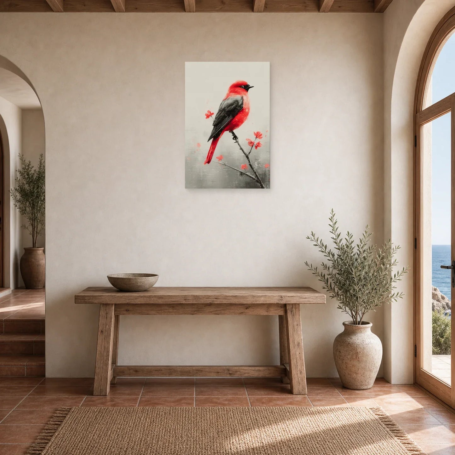 Tableau Oiseau Rouge sur Branche - Accent Écarlate dans une entree ou un couloir - Art Virtuoso