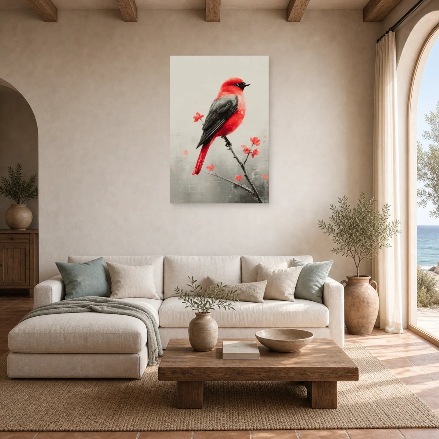 Tableau Oiseau Rouge sur Branche - Accent Écarlate dans un salon - Art Virtuoso