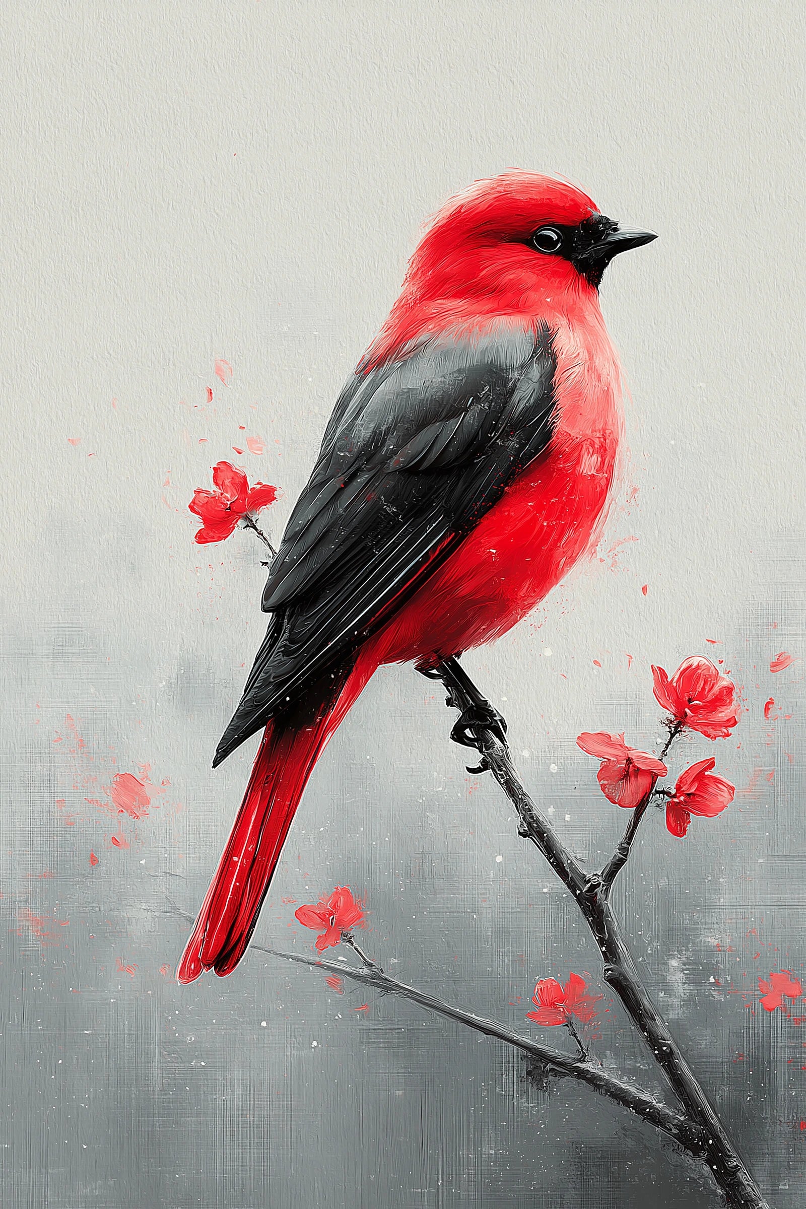 Tableau oiseau rouge sur branche avec petites fleurs rouges - format S