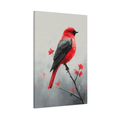 Tableau oiseau rouge sur branche avec petites fleurs rouges - toile 3D avec bords imprimés visibles